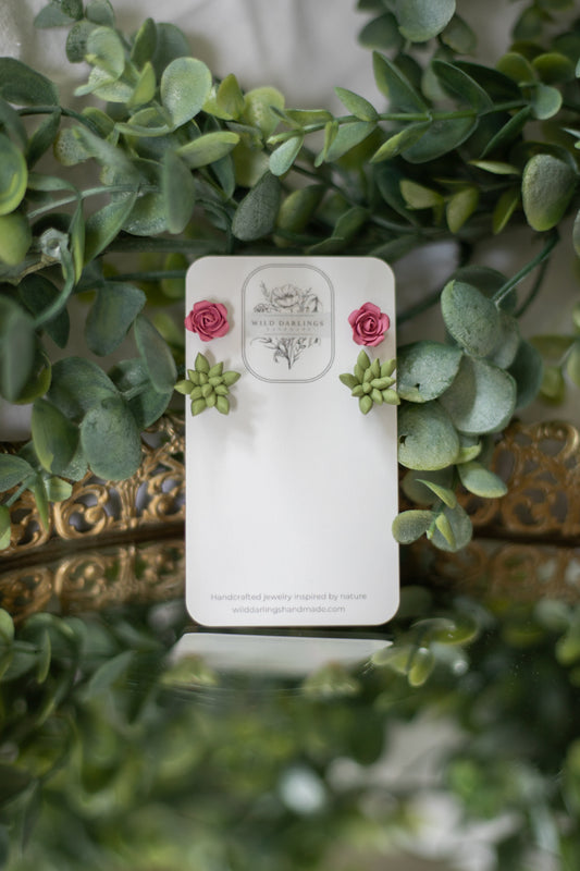 Rose & Succulent Stud Duo